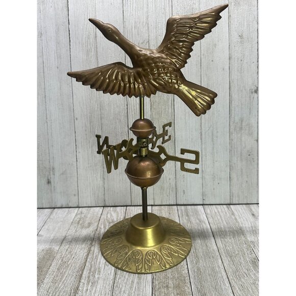 Vintage Brass Feathered Goose Weathervane on Brass Decorative Stand 13.5" Tall - Picture 1 of 8